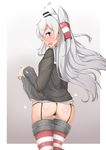  amatsukaze_(kantai_collection) ass black_panties blush embarrassed fang garter_straps grey_hair highres kantai_collection kokuto_adk long_hair panties shirt_lift simple_background solo thighhighs thong underwear 