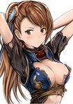  :&lt; arms_behind_head arms_up beatrix_(granblue_fantasy) blush breasts brown_eyes brown_hair cleavage collar granblue_fantasy large_breasts long_hair looking_at_viewer nannacy7 simple_background solo torn_clothes upper_body white_background 