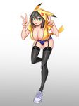  bangs black_hair black_legwear breasts cleavage cosplay double_v fake_tail foreshortening full_body garter_straps gen_1_pokemon gradient gradient_background green_eyes highres hood hoodie large_breasts leaning_forward long_legs looking_at_viewer nermes open_clothes open_hoodie open_mouth original pikachu pikachu_(cosplay) shoes short_shorts shorts simple_background skindentation solo standing standing_on_one_leg tail thighhighs v white_footwear 