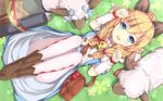  :d alpaca bag bell blonde_hair blue_eyes commentary_request dress eyebrows eyebrows_visible_through_hair highres lying meowstress monster_hunter monster_hunter_x moofah on_back open_mouth pantyhose paw_pose pointy_ears rin_yuu smile white_legwear 
