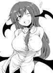 ;d absurdres bat_wings breasts chata_maru_(irori_sabou) demon_girl greyscale head_wings heart highres koakuma large_breasts long_hair low_wings monochrome one_eye_closed open_mouth simple_background smile solo succubus touhou white_background wings 