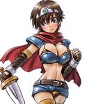  amania_orz armor bikini_armor breasts cape circlet dragon_quest dragon_quest_iii elbow_gloves embarrassed frown gloves large_breasts miniskirt roto short_hair shoulder_pads skirt solo sword weapon 