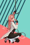  :p absurdres boots brown_hair character_name gloves heterochromia high_heel_boots high_heels highres ice_cream_cone kneeling long_hair neo_(rwby) pink_hair rwby solo tongue tongue_out umbrella zhao_shixuan 