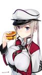  arm_around_waist black_gloves blonde_hair blue_eyes blush breasts capelet commentary food gloves graf_zeppelin_(kantai_collection) gratin hamburger hat highres kantai_collection kuro_chairo_no_neko large_breasts long_hair peaked_cap pun sandwich single_glove smile solo twintails twitter_username 