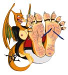  5_toes absurd_res alpha_channel anthro body_writing bound breasts charizard claws dazidentevil feet female fire fire_breathing foot_fetish foot_focus hi_res humanoid_feet ms._zard nintendo nipples pok&eacute;mon pok&eacute;mon_(species) simple_background solo tears tickle_torture tickling tickling_feet toe_claws toes transparent_background video_games 