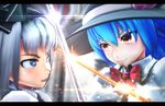  3d battle blue_eyes blue_hair blurry blurry_background blush bow clash clenched_teeth collared_shirt duel green_vest hairband hat highres hinanawi_tenshi katana konpaku_youmu letterboxed light_particles long_hair looking_at_another mikumikudance multiple_girls red_eyes serious shirt short_hair silver_hair sparks sword sword_of_hisou teeth touhou vest weapon white_shirt yasiro_(oyasiro35) 
