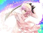  ahoge bangs black_bow blunt_bangs bow fate_(series) hair_bow hair_ornament holding holding_weapon japanese_clothes katana kimono koha-ace light_smile looking_at_viewer okita_souji_(fate) okita_souji_(fate)_(all) outstretched_arm petals pink_hair rori_chuushin short_hair solo sword weapon wide_sleeves yellow_eyes 
