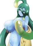  ahoge blue_skin breasts coat coat_removed cover_image covered_nipples cowboy_shot goo_girl green_eyes green_hair highres huge_breasts long_hair looking_at_viewer monster_girl monster_musume_no_iru_nichijou official_art raincoat simple_background smile solo suu_(monster_musume) tentacle_hair very_long_hair white_background 