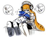  1girl bike_shorts blue_hair boots closed_eyes comforting crying domino_mask donut_(zoza) flying_sweatdrops goggles goggles_on_head headphones icon inkling knee_boots layered_clothing long_hair long_sleeves mask orange_hair partially_colored pointy_ears pudding_(zoza) shirt short_hair short_over_long_sleeves short_sleeves shorts single_vertical_stripe sitting smile splatoon_(series) splatoon_1 squid sweatdrop tears tentacle_hair topknot zoza 