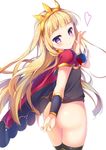  absurdres ass bangs black_legwear blonde_hair blunt_bangs blush bottomless cagliostro_(granblue_fantasy) cape commentary_request covering covering_ass crown from_behind granblue_fantasy hairband highres kaniya_shiku long_hair looking_at_viewer looking_back purple_eyes simple_background smile solo thighhighs 