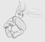  antennae anthro anus arthropod balls barefoot butt daftpatriot insect kneeling looking_at_viewer looking_back male monochrome moth nude perineum raised_tail sketch speech_bubble sweat 