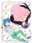  1girl absurdres animal_slippers black_hair blue_eyes blue_hair boku_(shounen_shoujo) commentary_request highres hood hoodie knife large_buttons long_hair marker nakuru_796 scissors shounen_shoujo that_girl_(shounen_shoujo) very_long_hair 