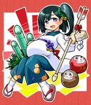  arrow bamboo bell black_hair commentary_request daruma_doll hair_bell hair_ornament hamaya highres japanese_clothes kadomatsu kugelschreiber looking_at_viewer open_mouth original pregnant purple_eyes sandals side_ponytail smile solo tabi 
