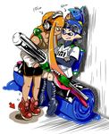  1girl against_wall anger_vein artist_name bike_shorts blue_hair blush boots carbon_roller_(splatoon) crossed_arms dark_skin domino_mask donut_(zoza) e-liter_3k_(splatoon) full_body goggles goggles_on_head grin gun headphones height_conscious height_difference highres holding holding_weapon ink_tank_(splatoon) inkling knee_boots layered_clothing leaning_back leaning_forward long_hair long_sleeves mask off_shoulder orange_hair oversized_object paint_roller paint_splatter pointy_ears pudding_(zoza) rifle shirt shoes short_hair short_over_long_sleeves short_sleeves shorts signature sitting smile sneakers sniper_rifle splatoon_(series) splatoon_1 standing sweatdrop tank_top tentacle_hair tiptoes topknot trembling weapon white_background zoza 