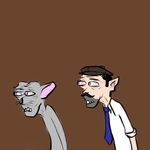  1:1 2016 brown_background cat clothing digital_media_(artwork) duo feline fur grey_fur hat human male mammal murphy_(artist) murphy_(character) necktie reaction_image shirt simple_background stare tagme teeth wide_eyed 