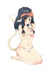  animal_ears areolae bad_id bad_pixiv_id black_hair blush breasts food ice_cream kuon_(utawareru_mono) long_hair looking_at_viewer medium_breasts navel panties poncho_s ponytail simple_background sitting solo tail tail_wagging topless underwear underwear_only utawareru_mono utawareru_mono:_itsuwari_no_kamen wariza white_background white_panties 