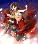  1girl :d aqua_eyes archer black_bow black_hair bow child coat dark_skin dark_skinned_male fate/stay_night fate_(series) full_body gem hair_bow holding loafers long_hair looking_at_viewer on_shoulder open_mouth pleated_skirt red_coat ribbon rori_chuushin shirt shoes short_hair sitting sitting_on_person skirt smile spiked_hair squatting thighhighs toosaka_rin twintails vest white_hair white_shirt 