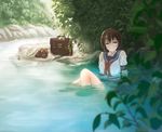  arm_support arms_behind_back bag blue_eyes brown_hair day forest kome_(okome-smile) loafers long_hair looking_at_viewer nature neckerchief original outdoors partially_submerged plant river school_bag school_uniform see-through serafuku shoes shoes_removed short_sleeves sitting solo water wet wet_clothes wet_hair 