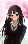  :o black_hair blush cardigan cherry_blossoms commentary_request earrings green_eyes hair_tucking idolmaster idolmaster_cinderella_girls jewelry long_hair looking_away necklace necktie nironiro school_uniform shibuya_rin solo upper_body 