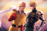  artist_name bald black_eyes black_sclera blonde_hair cape clenched_hand cyborg earrings genos gloves jewelry lens_flare lintufriikki male_focus mechanical_arm multiple_boys one-punch_man red_gloves saitama_(one-punch_man) shiny shiny_skin signature smile white_cape yellow_eyes zipper 