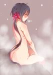  ahoge akebono_(kantai_collection) ass bell black_hair blush flower hair_bell hair_flower hair_ornament jingle_bell kantai_collection kunifuto long_hair nude onsen ponytail sitting solo very_long_hair 
