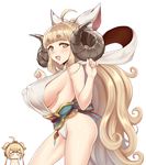  ahoge andira_(granblue_fantasy) anila_(granblue_fantasy) animal_ears blonde_hair blush_stickers breast_envy breasts chibi chibi_inset draph erune granblue_fantasy horns huge_breasts lang_(chikage36) long_hair looking_at_viewer monkey_ears multiple_girls open_mouth sideboob simple_background very_long_hair white_background yellow_eyes 