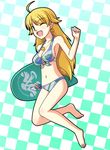  ;d ahoge armpits bad_id bad_pixiv_id barefoot bikini blonde_hair breasts checkered checkered_background cleavage earrings feet front-tie_top green_eyes hoshii_miki idolmaster idolmaster_(classic) jewelry kickboard large_breasts long_hair necklace one_eye_closed open_mouth smile solo swimsuit totokichi 