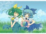  aqua_hair blue_dress blue_eyes bow cirno daiyousei dress friends grass green_hair hair_bow happy head_wreath iris_anemone large_bow multiple_girls ponytail touhou v_arms wings 