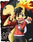  backwards_hat baseball_cap black_hair fire gen_2_pokemon gold_(pokemon) hat holding holding_poke_ball open_mouth poke_ball pokemon pokemon_(creature) pokemon_(game) pokemon_hgss pokemon_special r-sraven red_eyes thank_you typhlosion 