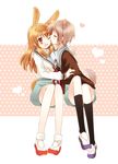  animal_ears asahina_mikuru brown_eyes brown_hair bunny_ears bunny_tail cardigan closed_eyes dog_ears dog_tail grey_hair harmonia kita_high_school_uniform legs licking long_hair multiple_girls nagato_yuki school_uniform serafuku shoes short_hair suzumiya_haruhi_no_yuuutsu tail uwabaki 