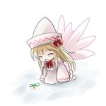  blonde_hair blush chibi hat highres lily_white open_mouth ribbon smile solo sprout touhou wings yume_shokunin 