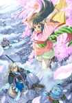  1girl absurdres blue_eyes cherry_blossoms cyclops demon detached_sleeves flower green_hair hair_flower hair_ornament happy highres horns j.2 japanese_clothes jumping long_hair one-eyed original petals sandals smile snow spring_(season) sword weapon white_hair winter yellow_eyes 