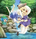  barefoot blonde_hair blue_door blue_eyes blue_hair chibi cirno eating glomp green_eyes hair_ribbon hat hat_removed headwear_removed hug jitome kawashiro_nitori moriya_suwako multiple_girls nature ribbon river rock short_hair tackle teardrop tears thighhighs touhou two_side_up water waterfall wings zettai_ryouiki 