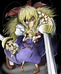  absurdres alice_margatroid blonde_hair brown_eyes doll doll_joints dual_wielding goliath_doll hairband highres holding long_hair multiple_girls red_eyes short_hair string sword tekitekirara touhou weapon yellow_eyes 