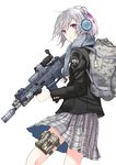  assault_rifle backpack bag bob_cut camouflage eotech fn_scar fuyuno_haruaki gun headphones jacket looking_back messy_hair military_operator original plaid plaid_skirt pouch purple_eyes rifle scarf school_uniform short_hair silver_hair simple_background skirt smiley_face solo upskirt vertical_foregrip weapon white_background white_hair 