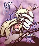  1girl blonde_hair bow chain chains female foreshortening hands horns ibuki_suika long_hair red_eyes smile solo touhou 