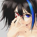  black_hair blue_eyes heterochromia mukki multicolored_hair nail_polish red_eyes red_nails short_hair simple_background solo topless utau yokune_ruko 