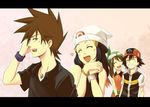  2girls alternate_costume bad_deviantart_id bad_id bandana bike_shorts black_hair brown_hair closed_eyes haruka_(pokemon) hat hikari_(pokemon) multiple_boys multiple_girls ookido_shigeru pokemon pokemon_(anime) pokemon_dp_(anime) satoshi_(pokemon) smile 