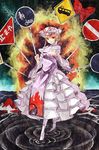  bad_id bad_pixiv_id blonde_hair bow dress foreshortening hair_bow hat high_heels long_hair outstretched_arm outstretched_hand red_eyes ribbon ripples road_sign shoes sign slit_pupils smile socks solo touhou water wide_sleeves yakumo_yukari yasumo_(kuusouorbital) yin_yang 