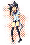  aitatata! animal_ears black_hair black_legwear blue_eyes cat_ears cat_tail hair_ribbon legs no_pants original ribbon school_uniform serafuku solo swimsuit swimsuit_under_clothes tail thighhighs twintails 