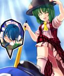  ascot aw bad_id bad_pixiv_id blue_eyes closed_eyes food fruit green_hair hat heavy_breathing hinanawi_tenshi kazami_yuuka masochism multiple_girls peach plaid plaid_skirt plaid_vest sadism short_hair skirt skirt_set spoken_face stepped_on sword sword_of_hisou touhou vest weapon 