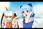  bad_id bad_pixiv_id blonde_hair blue_eyes blue_hair blush bow cirno expressionless flandre_scarlet food hair_bow hat ice_cream letterboxed multiple_girls necktie object_on_head oriennto popsicle red_eyes saliva sexually_suggestive short_hair touhou wings 