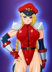  abs alternate_costume belt blonde_hair blue_eyes braid breasts cammy_white fingerless_gloves gloves impossible_clothing large_breasts leotard long_hair makani_kohitujito makanikohitujito muscle shiny shiny_clothes shoulder_pads skin_tight street_fighter twin_braids vega vega_(cosplay) 