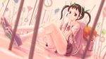  backpack bag bakemonogatari bow brown_hair chourui_keiko error hachikuji_mayoi heart legs monogatari_(series) red_eyes sitting socks solo twintails 