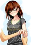  blush bob_cut brown_eyes brown_hair hands iwasaki_takashi jewelry misaka_mikoto older one_eye_closed pov proposal putting_on_jewelry ring shirt short_hair solo_focus t-shirt to_aru_kagaku_no_railgun to_aru_majutsu_no_index 