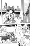  :3 =_= alice_margatroid comic doujinshi drinking greyscale hakurei_reimu hard_translated highres kirisame_marisa kochiya_sanae mimikaki monochrome multiple_girls on_head person_on_head takana_shinno touhou translated 