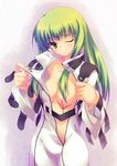  aoi_sora-maru areolae blush bodysuit breasts c.c. code_geass green_hair highres large_breasts long_hair scar solo straitjacket undressing white_bodysuit wince yellow_eyes 