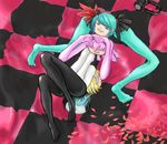  aqua_hair black_hair black_ribbon black_rock_shooter black_rock_shooter_(character) blonde_hair blue_eyes burning_eye checkered checkered_floor hair_ribbon hatsune_miku headphones kagamine_rin kamexmusi looking_at_viewer megurine_luka monster no_humans parody petals pink_hair ribbon shiteyan'yo takoluka vocaloid what world_is_mine_(vocaloid) 