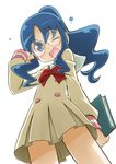  bakutendou blue_eyes blue_hair blush book dress from_below glasses heartcatch_precure! kurumi_erika long_hair myoudou_gakuen_middle_school_uniform one_eye_closed ponytail precure school_uniform smile solo 