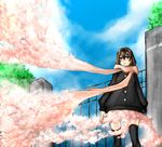  brown_eyes brown_hair cherry_blossoms eiji_(eiji) gate highres original petals scarf skirt solo thighhighs zettai_ryouiki 